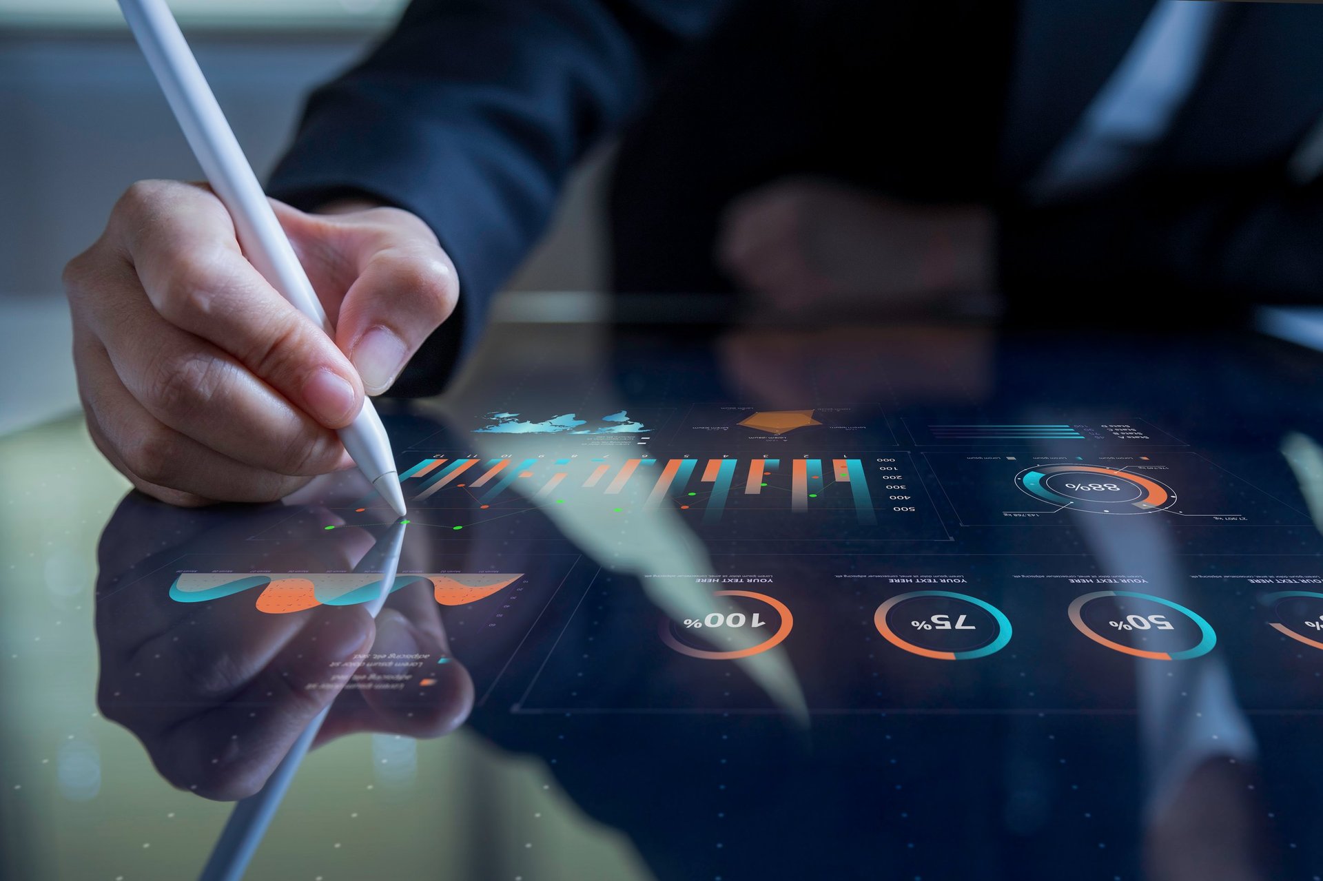 Futuristic business interface with real-time data analytics on touchscreen