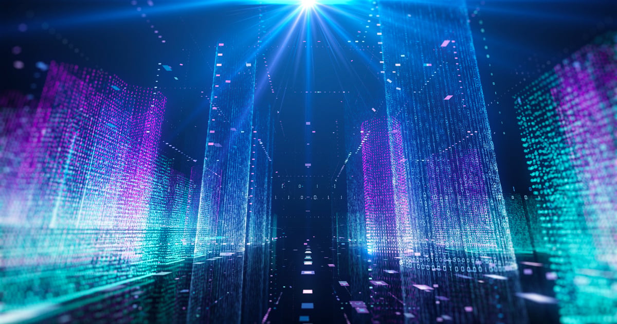 Digital smart city animation with lights and colorful buildings representing city of the future