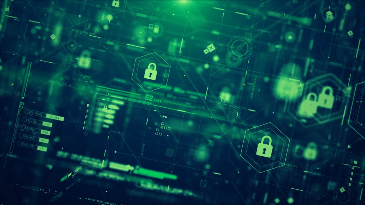 3D rendering cyber security HUD scene with layered digital locks, flowing data lines and futuristic network panels, designed for high-tech visuals, AI themes and secure system interface backgrounds