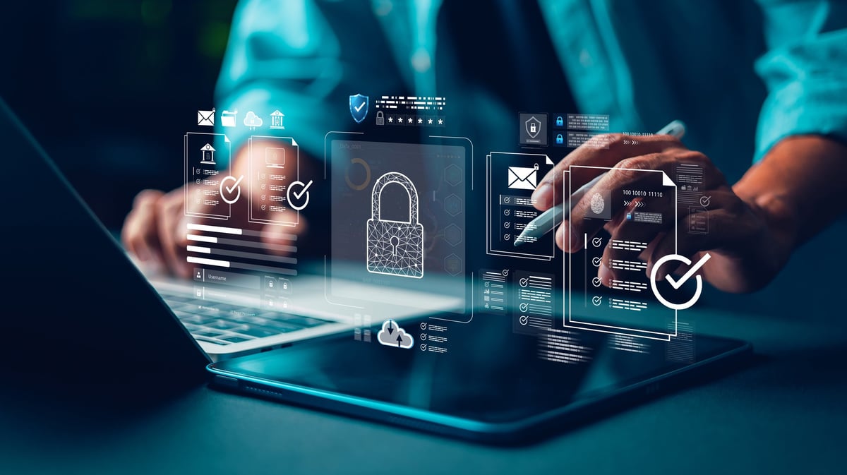 Cybersecurity concept with digital lock interface on tablet, secure data protection, authentication system, encryption technology, and privacy compliance in modern business.