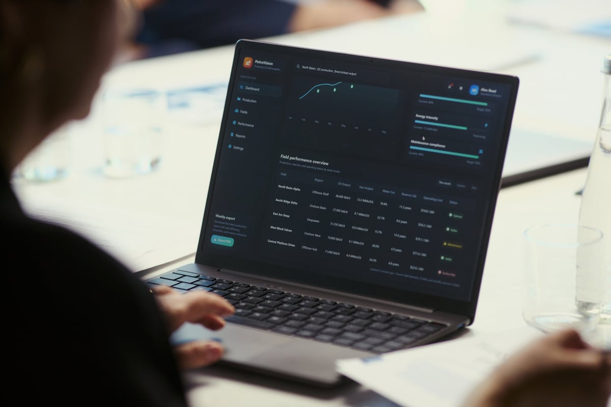 Business team reviewing performance dashboard on laptop analyzing metrics and strategy