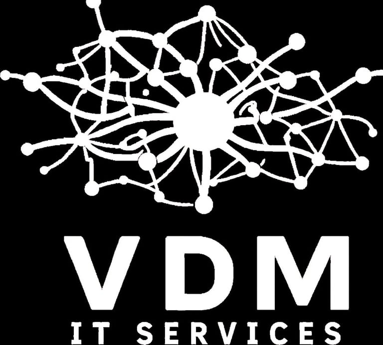 VDM IT Services logo featuring a white network node design on black background