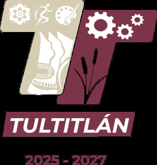 Tultitlan logo featuring abstract geometric shapes, gears, and a stylized figure on tan and burgundy background