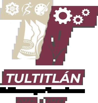 Tultitlan logo featuring abstract geometric shapes, gears, and a stylized figure on tan and burgundy background