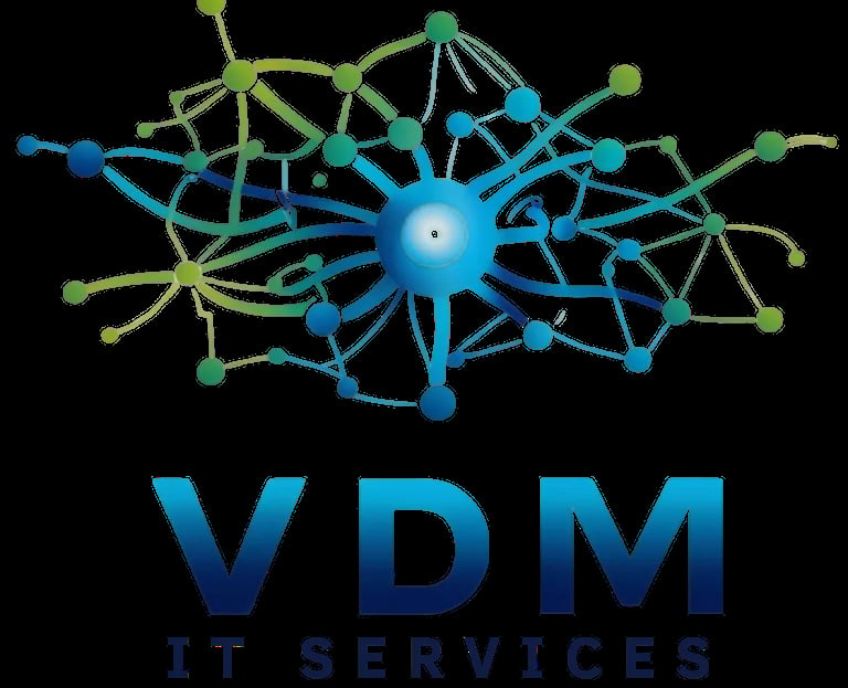 VDM IT Services logo featuring a blue central hub with interconnected green and blue network nodes on a black background